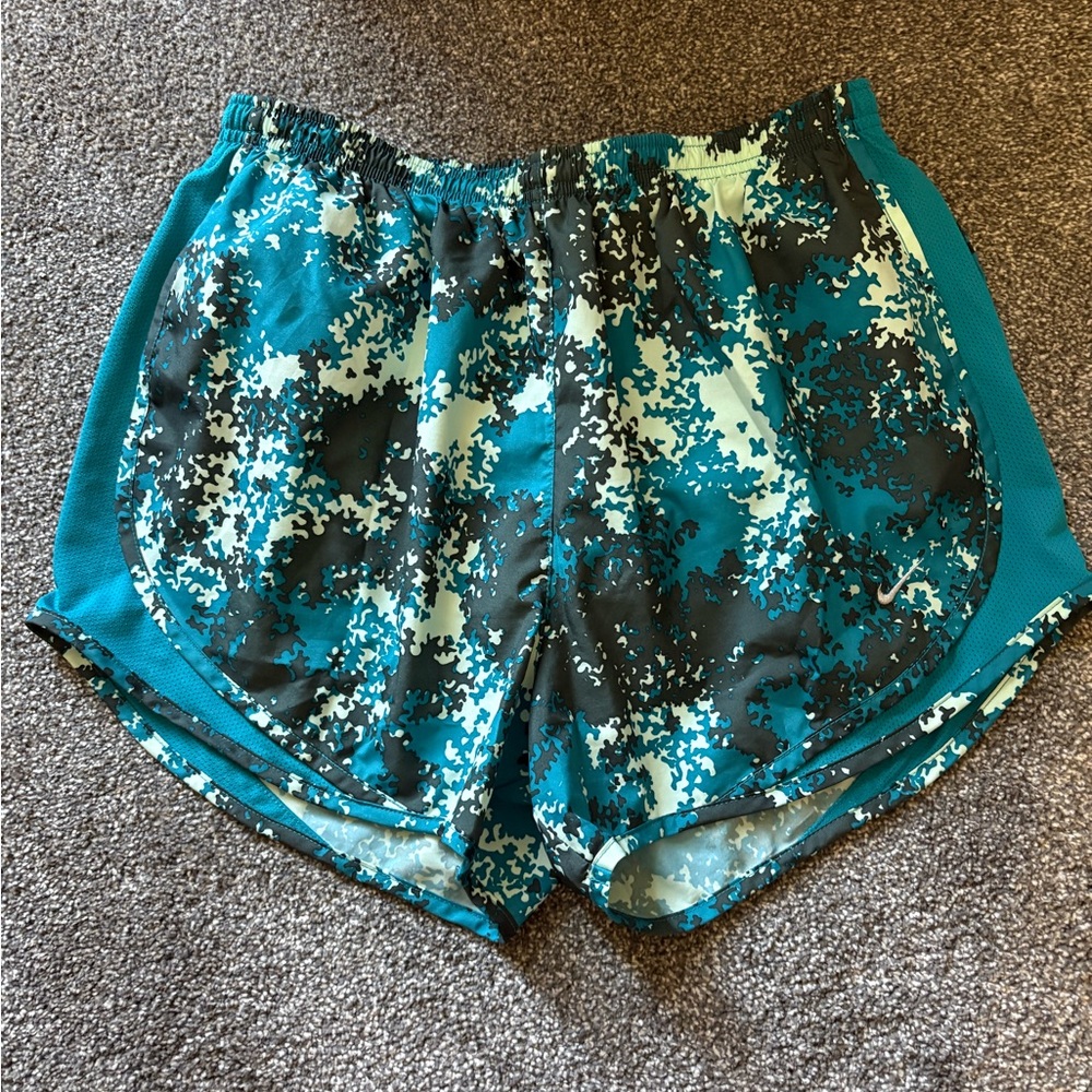 Nike Blue and Black Athletic Shorts with Tie-Dye Pattern